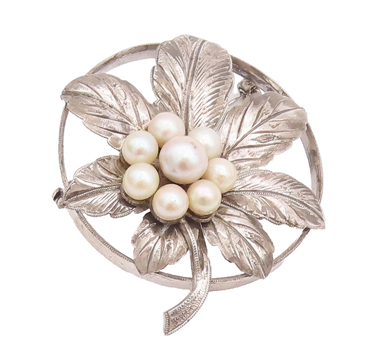 925 Sterling Silver Vintage Brooch Pin Pearls Carved Leaves Round Frame  BP10775