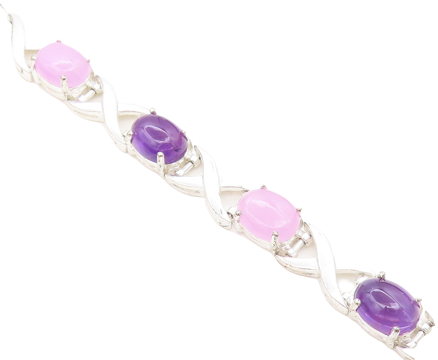 925 Sterling Silver  Cabochon Cut Amethyst Polished Chain Bracelet  BT3096