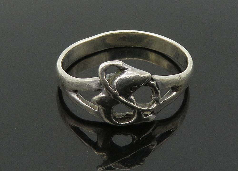 925 Sterling Silver  Vintage Shiny Dolphin & Hoop Band Ring Sz 8  RG21420