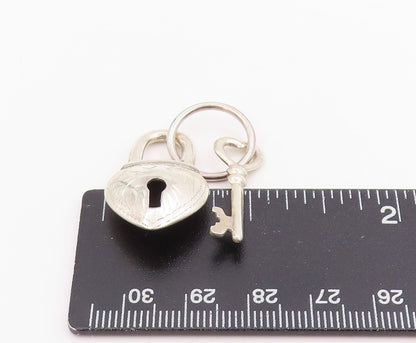 925 Sterling Silver Vintage Pendant Etched Heart Shaped Padlock & Key  PT25764