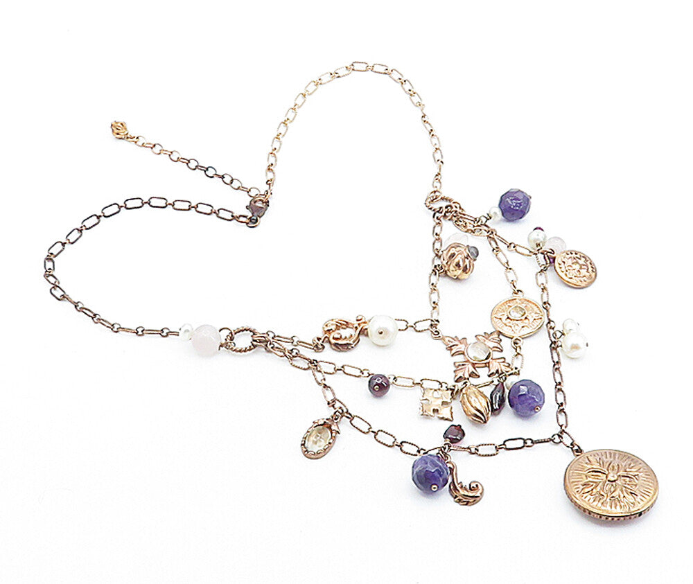 925 Silver  Vintage Pearls Amethyst & Quartz Floral Chain Necklace  NE1017