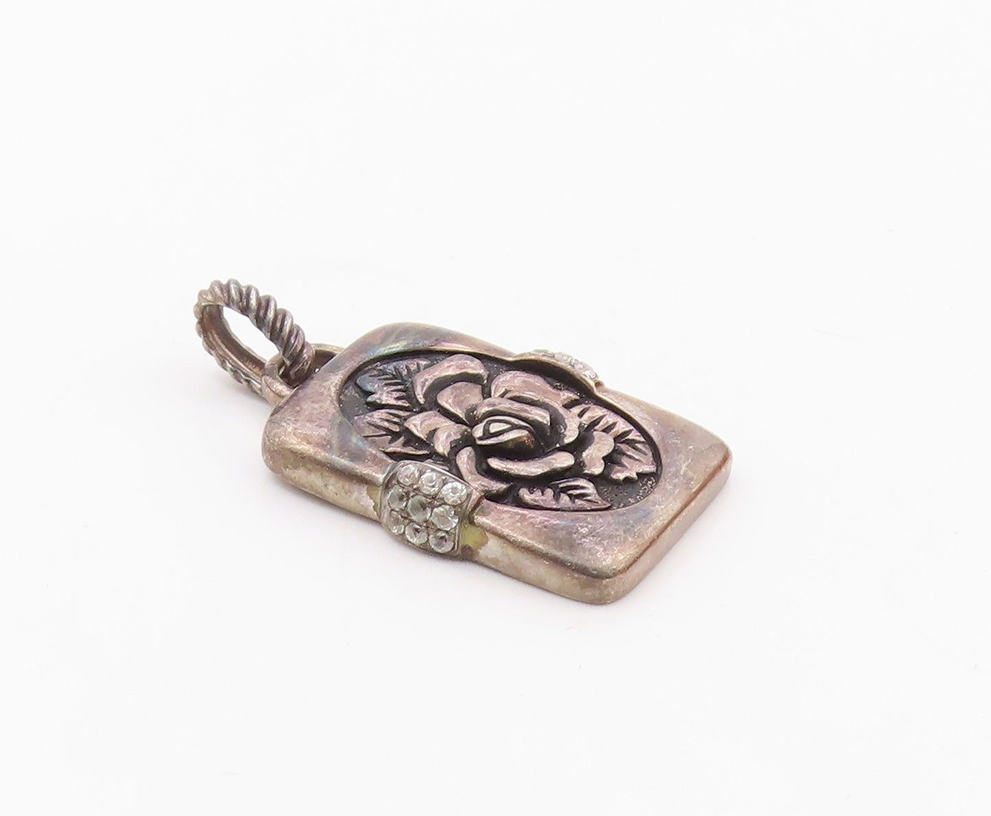 925 Silver  Vintage Carved Rose Flower With Cubic Zirconia Pendant  PT20713