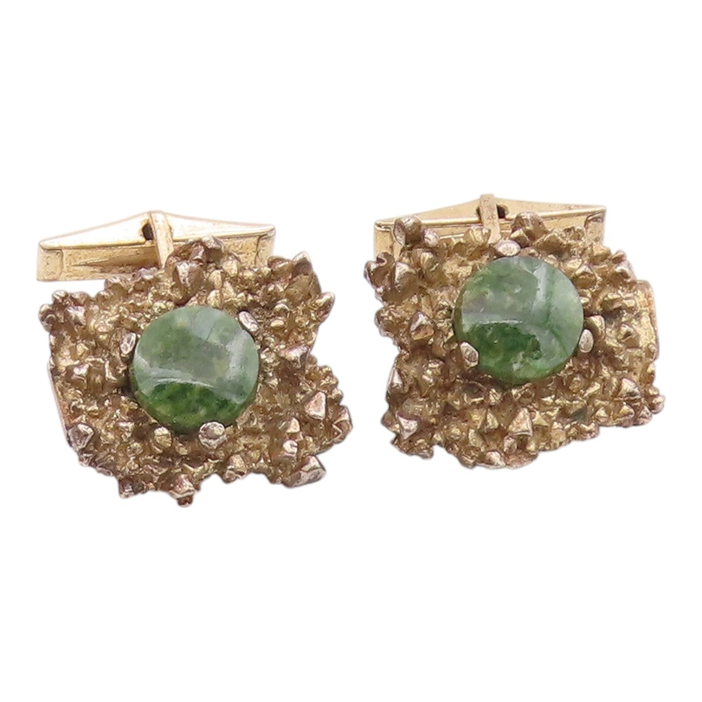 925 Silver  Vintage Gold Plated Brutalist Green Jasper Cuff Links  TR3443