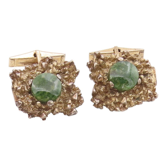 925 Silver  Vintage Gold Plated Brutalist Green Jasper Cuff Links  TR3443