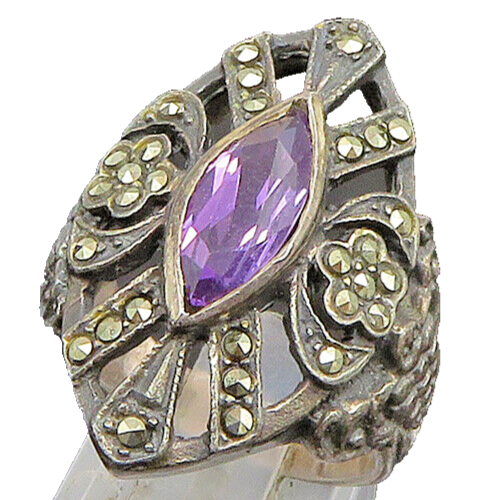 925 Silver  Vintage Amethyst & Floral Marcasite Cutout Ring Sz 8  RG24652