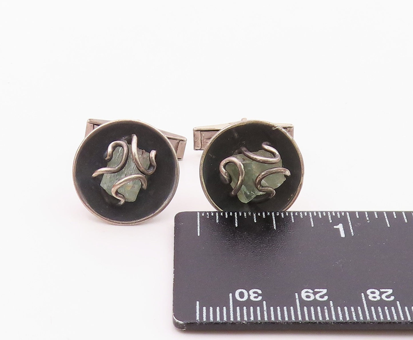 925 Sterling Silver  Vintage Wire Wrapped Quartz Round Cuff Links  TR1825