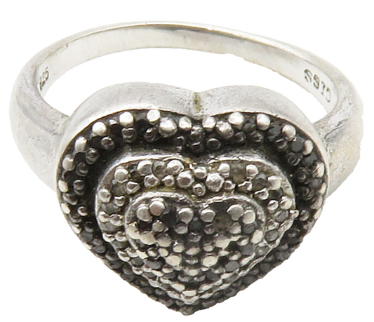 925 Sterling Silver Vintage Real Black & White Diamonds Band Ring Sz 8 RG15139