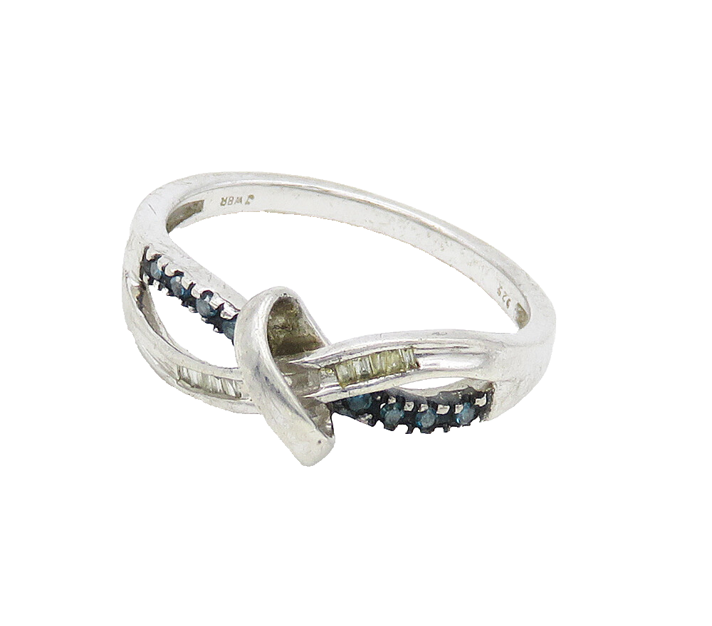 925 Silver  Vintage Genuine Blue & White Diamonds Knot Band Ring Sz 7  RG15984