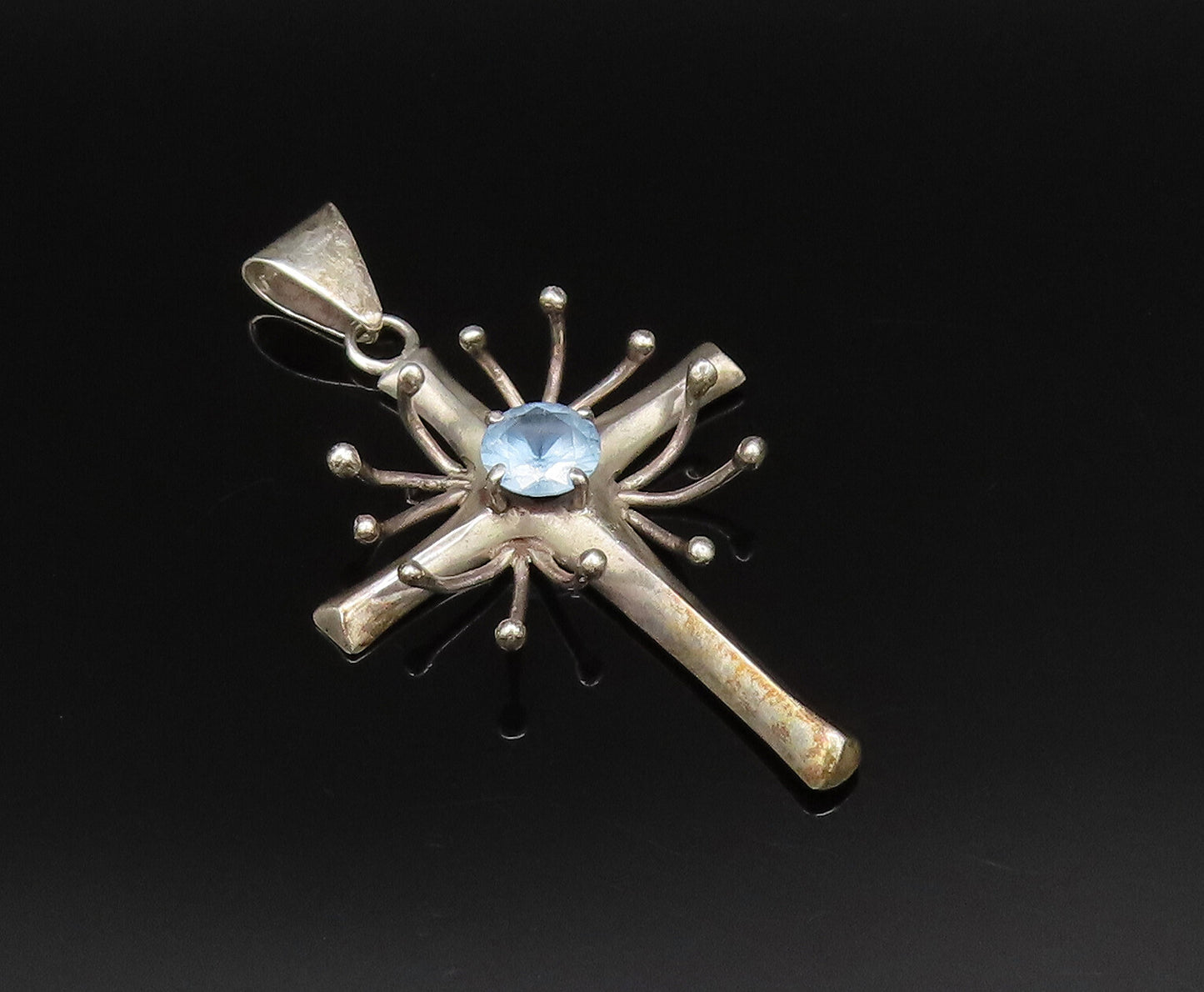 MB MEXICO 925 Silver  Vintage 3D Spiked Religious Cross Topaz Pendant  PT21578