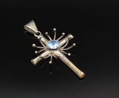 MB MEXICO 925 Silver  Vintage 3D Spiked Religious Cross Topaz Pendant  PT21578