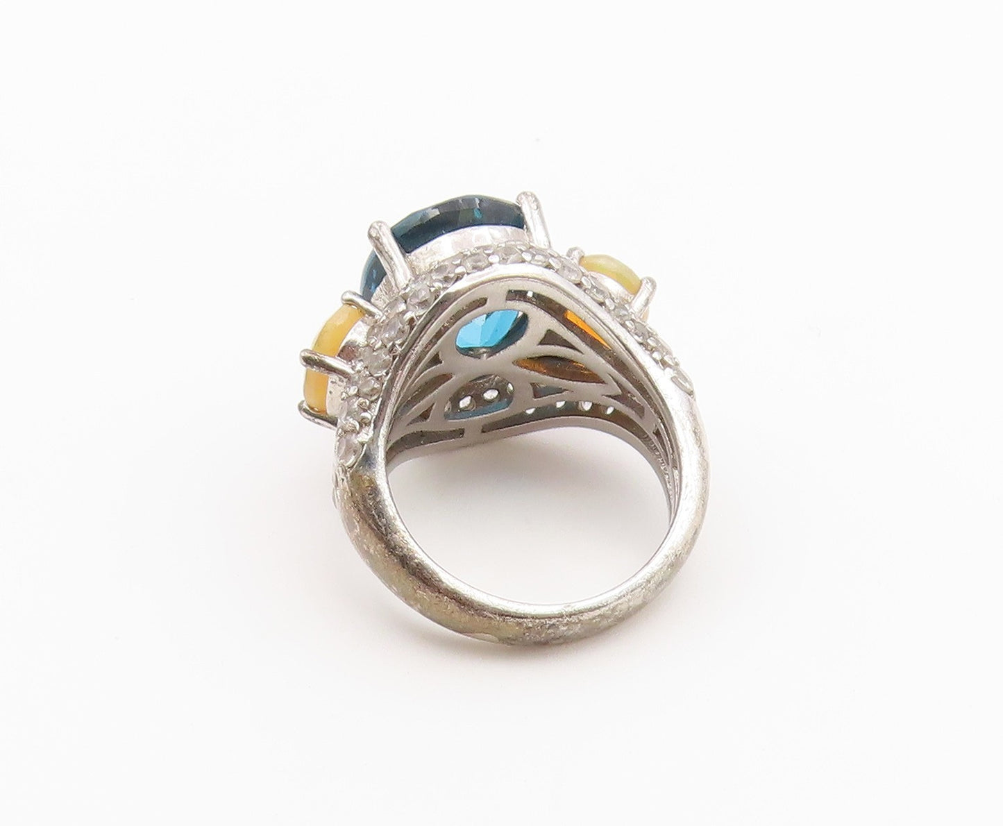 925 Sterling Silver Vintage Ring Blue Topaz & Opal Statement Band  Sz 4  RG36844