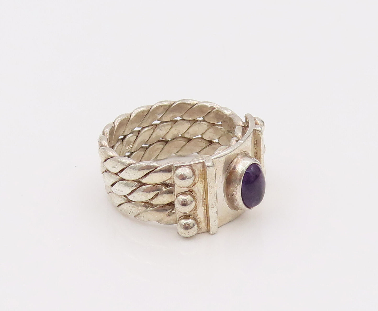 925 Silver  Vintage 3 Twisted Rope Band Cabochon Amethyst Ring Sz 7  RG26671