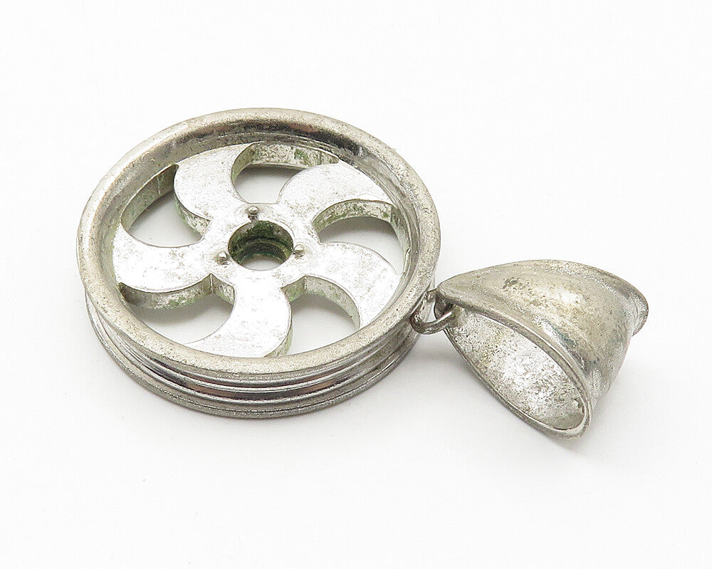 925 Sterling Silver  Vintage Open Design Wheel Motif Drop Pendant  PT8471