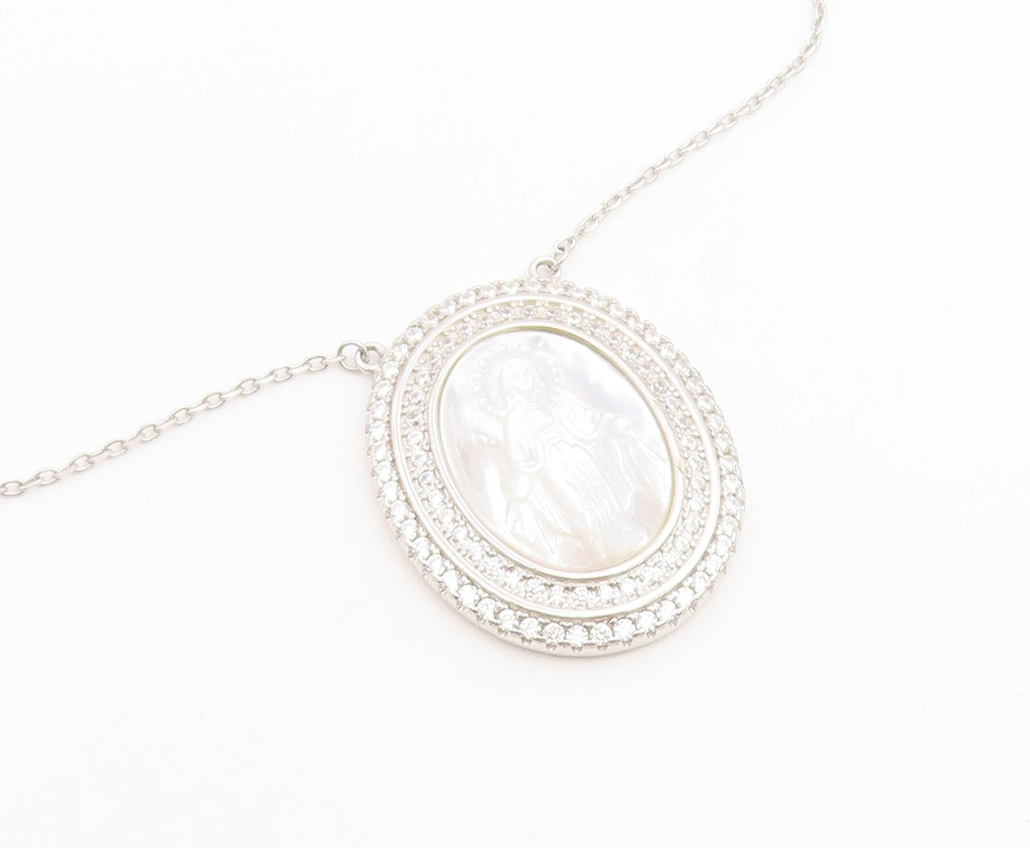 925 Sterling Silver Vintage Necklace Mother Of Pearl Halo CZ Virgin Mary  NE4902