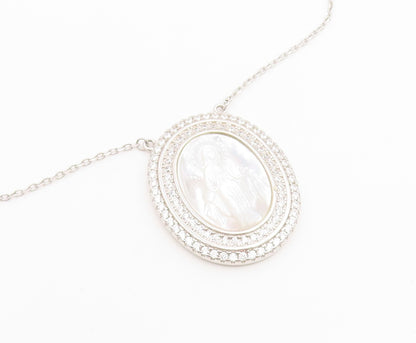 925 Sterling Silver Vintage Necklace Mother Of Pearl Halo CZ Virgin Mary  NE4902