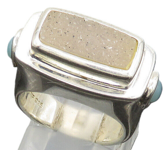 925 Sterling Silver  Vintage Druzy & Turquoise Square Band Ring Sz 6  RG20281