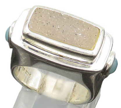 925 Sterling Silver  Vintage Druzy & Turquoise Square Band Ring Sz 6  RG20281