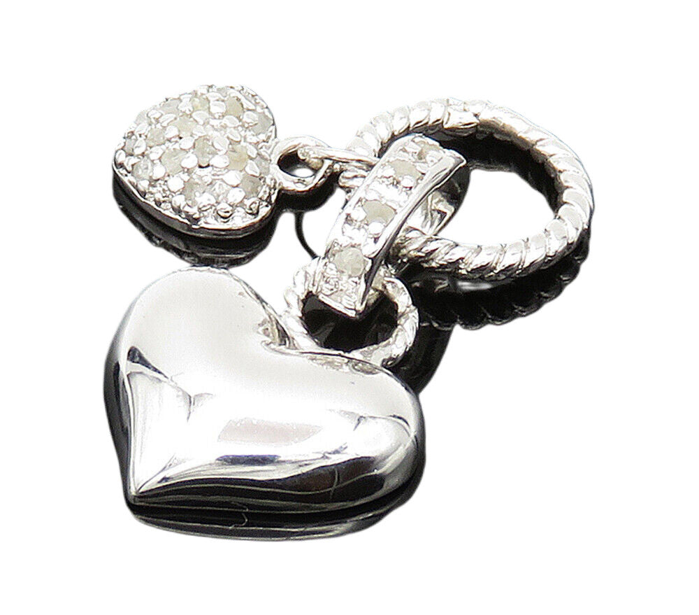 925 Sterling Silver  Shiny Genuine Diamonds Love Hearts Pendant  PT12026