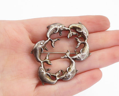 MEXICO 925 Sterling Silver  Vintage Dark Tone Dolphins Brooch Pin  BP1179