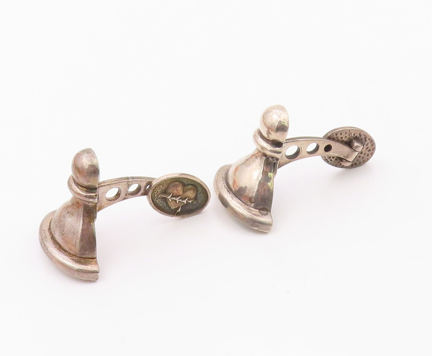 925 Sterling Silver  Vintage Carved Chess Piece & Love Heart Cuff Links TR3400