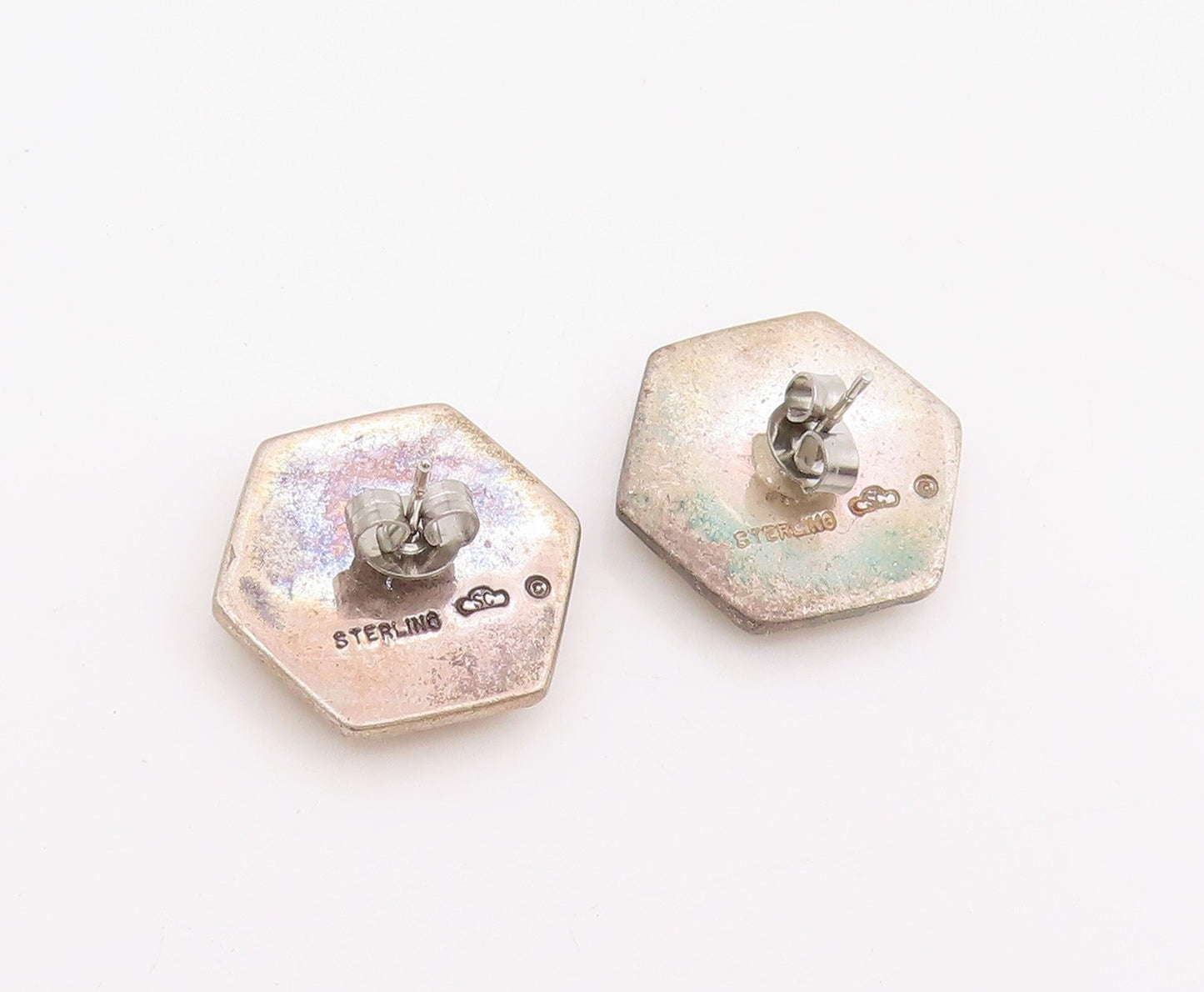 925 Sterling Silver Vintage Earrings SILVER CLOUD Opal Hexagonal Studs   EG13944