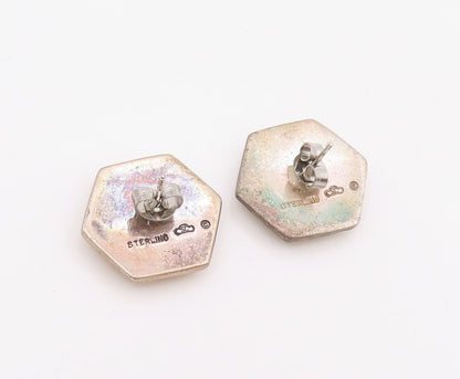 925 Sterling Silver Vintage Earrings SILVER CLOUD Opal Hexagonal Studs   EG13944