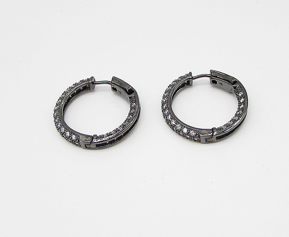 925 Sterling Silver  White Cubic Zirconia Dark Tone Hoop Earrings  EG1441