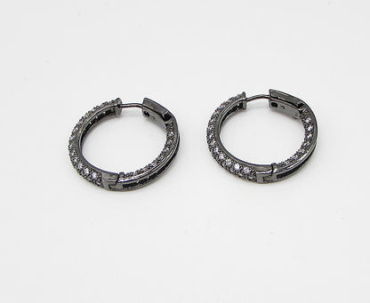 925 Sterling Silver  White Cubic Zirconia Dark Tone Hoop Earrings  EG1441