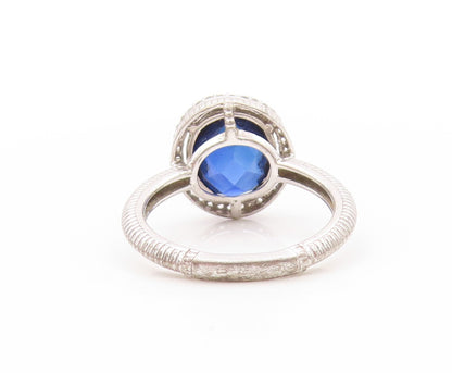925 Sterling Silver Vintage Ring Designer Sapphire Halo CZ  Sz 7  RG32891