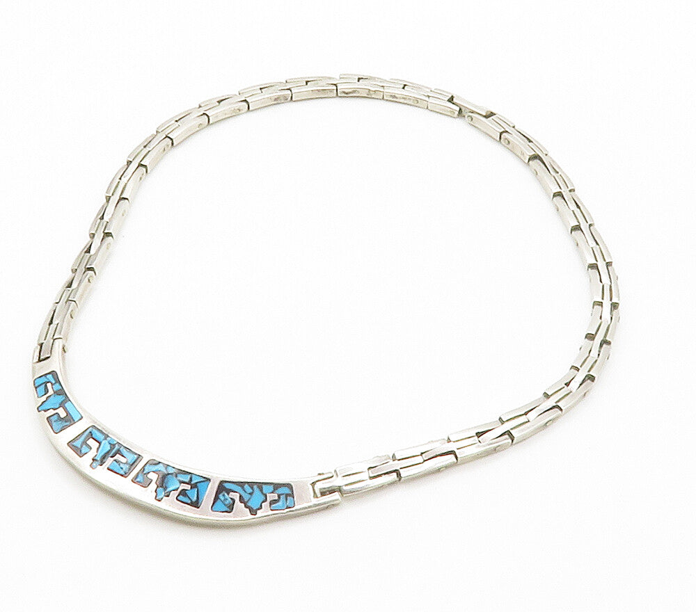 MEXICO 925 Silver  Vintage Inlaid Turquoise Mosaic Hinge Chain Necklace NE2447