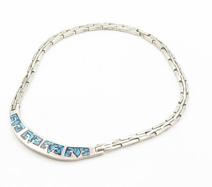 MEXICO 925 Silver  Vintage Inlaid Turquoise Mosaic Hinge Chain Necklace NE2447