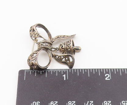 925 Sterling Silver  Vintage Bow Tied Ribbon Bell Brooch Pin (Jingles)  BP9211
