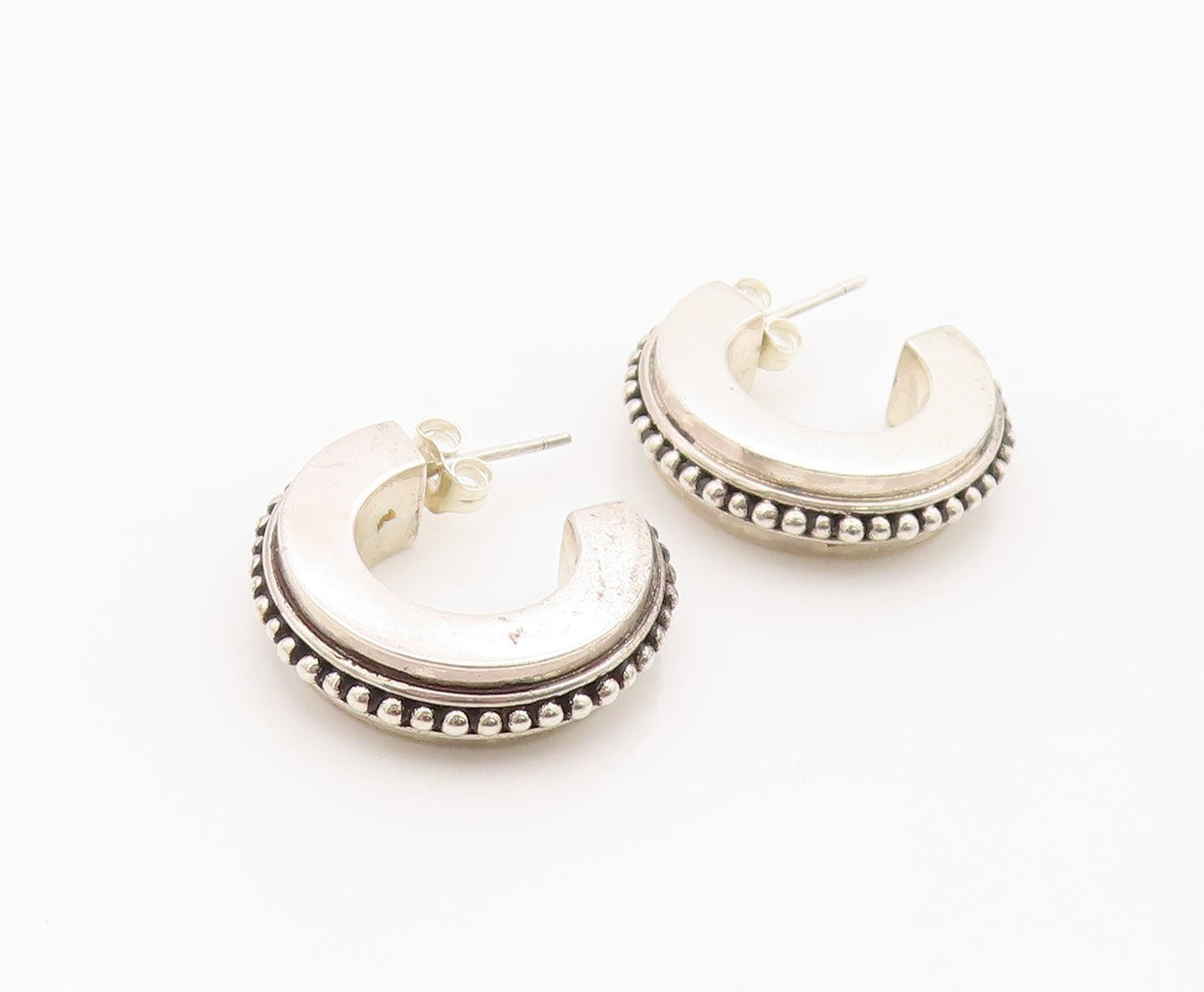 925 Sterling Silver Vintage Earrings Modernist Beaded Crescent Hoops  EG14389