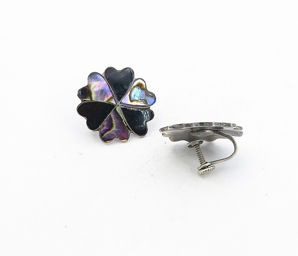 CB TAXCO MEXICO 925 Silver Vintage Onyx & Abalone Non Pierce Earrings EG4106