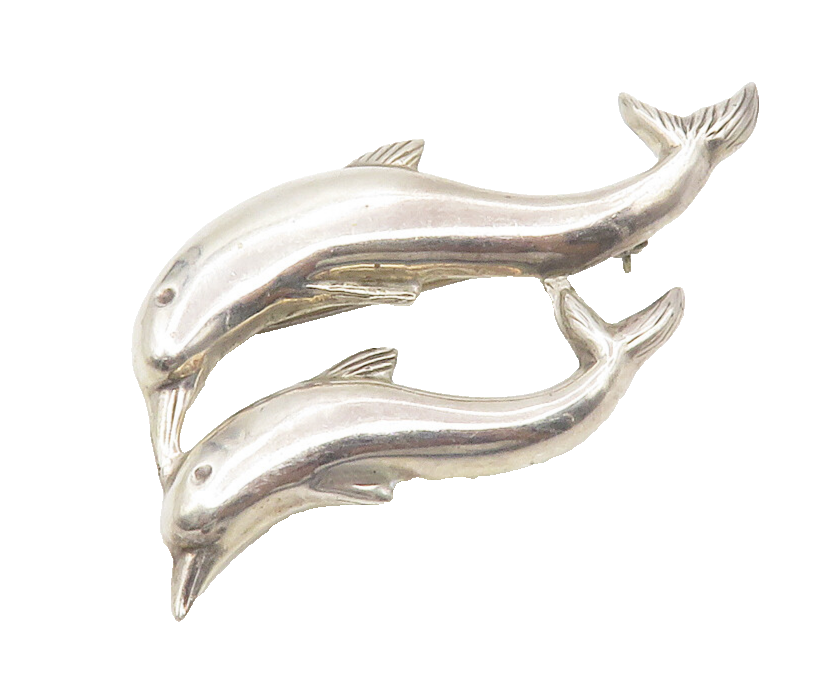 925 Sterling Silver  Vintage Shiny Mom & Baby Dolphin Motif Brooch Pin  BP5381