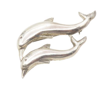 925 Sterling Silver  Vintage Shiny Mom & Baby Dolphin Motif Brooch Pin  BP5381
