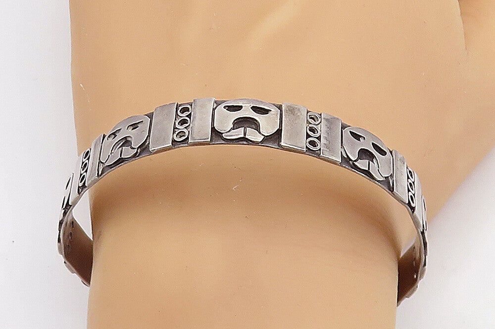 CM MEXICO 925 Sterling Silver Vintage Face Pattern Bangle Bracelet  BT3036