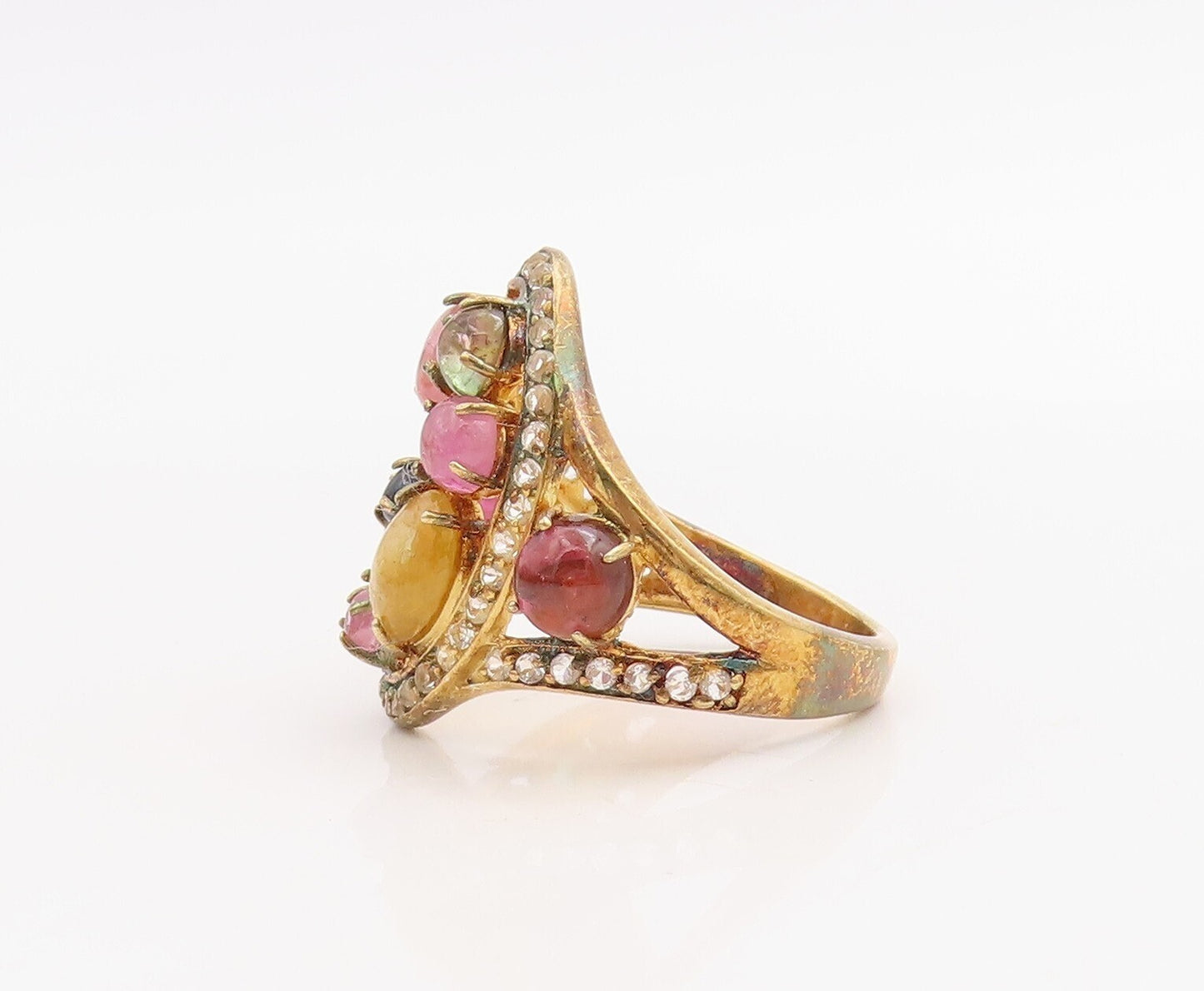 925 Sterling Silver Vintage Ring Gold Plated Cabochon Gemstone  Sz 8  RG30720