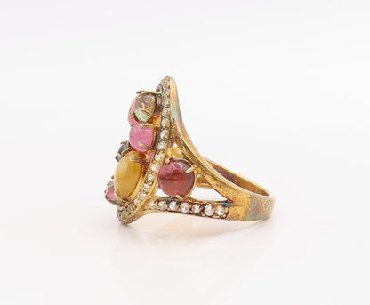 925 Sterling Silver Vintage Ring Gold Plated Cabochon Gemstone  Sz 8  RG30720