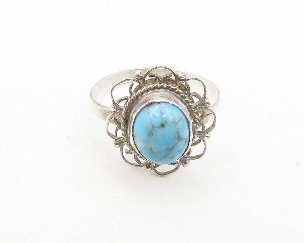MEXICO 925 Silver  Vintage Turquoise Floral Twist Cocktail Ring Sz 8  RG17501