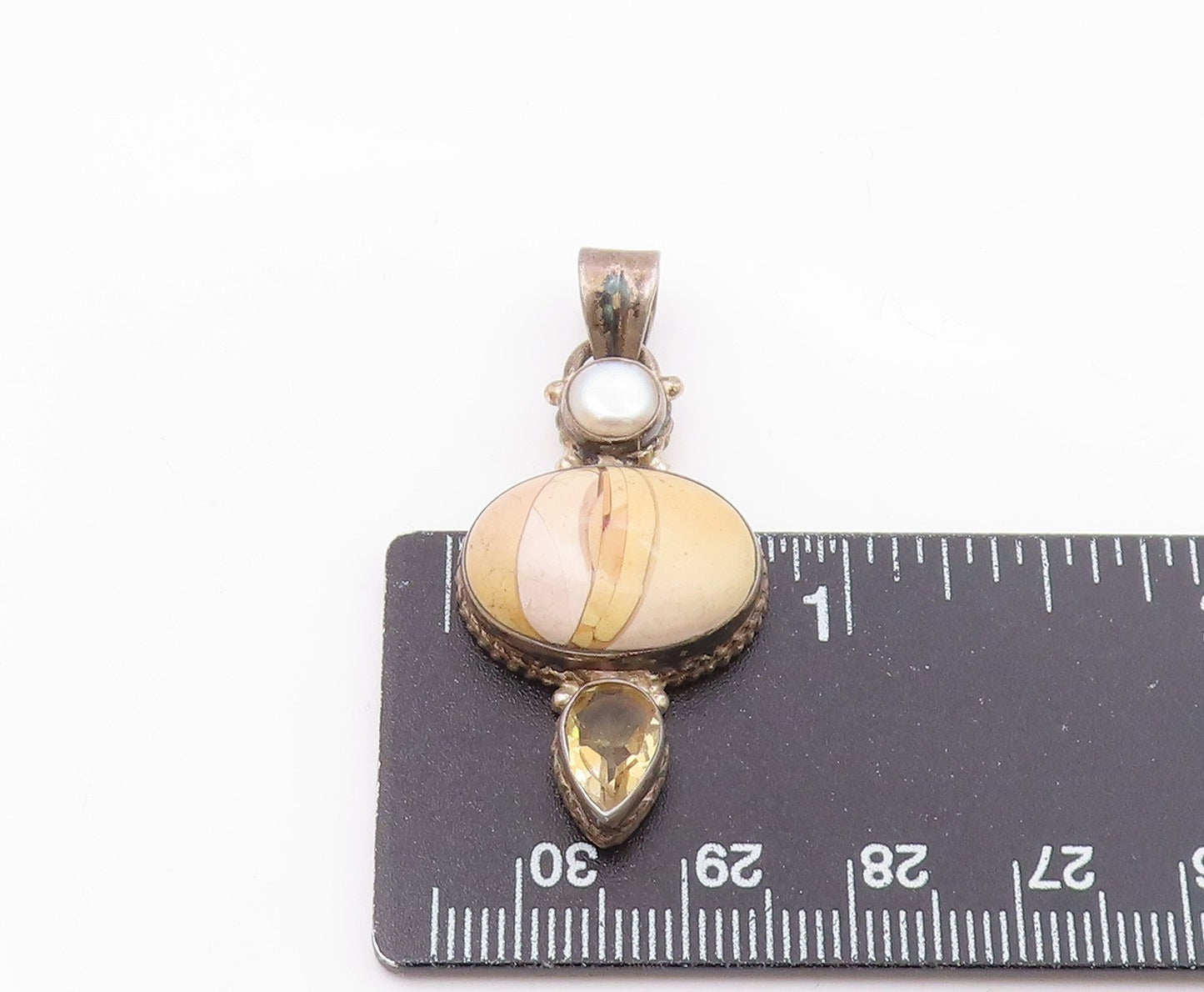 925 Silver  Vintage Multi Shape Jasper Citrine & Pearl Drop Pendant  PT21912