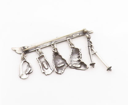 925 Sterling Silver Vintage Brooch Charming Hanging Winter Snow Skis  BP11787