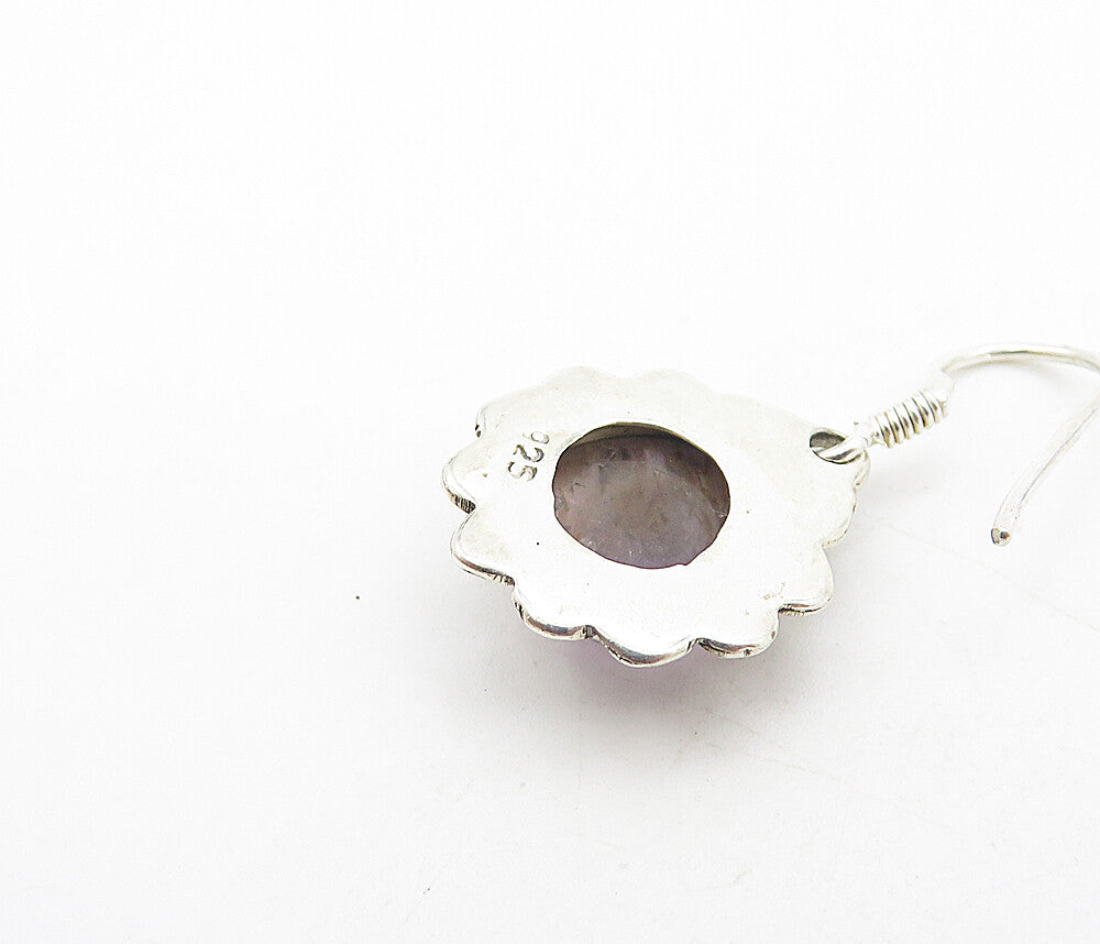 925 Sterling Silver Vintage Cabochon Amethyst Floral Drop Earrings EG3462