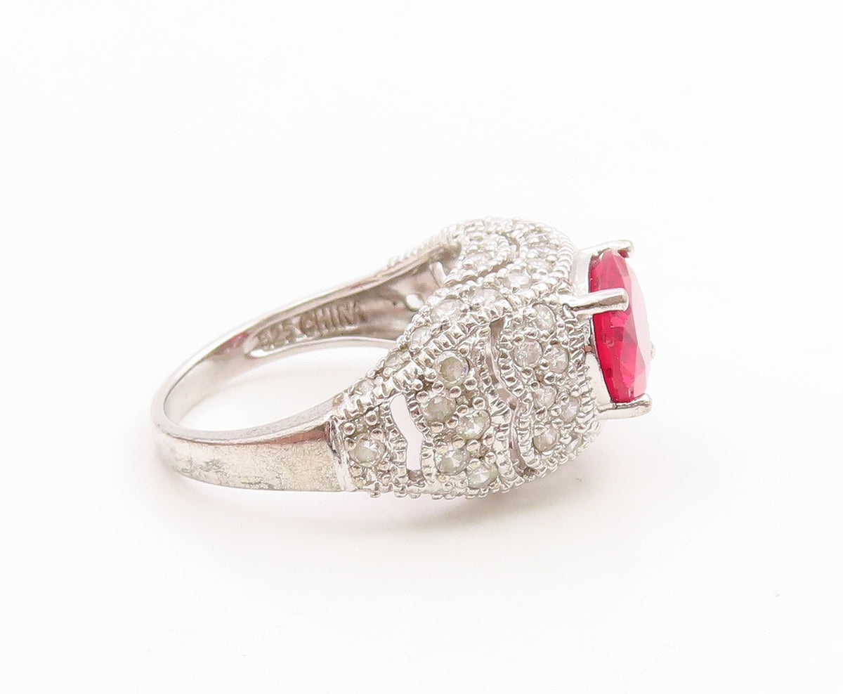 925 Sterling Silver Vintage Ring Oval Ruby & Topaz Statement Band  Sz 7  RG35866