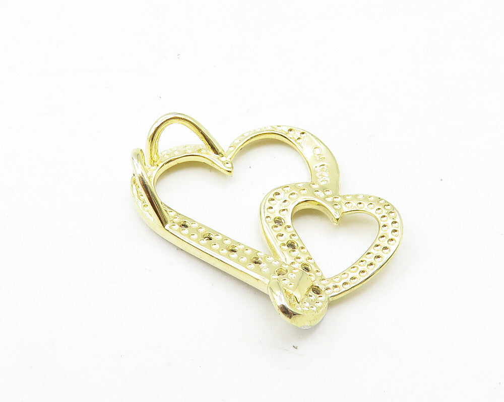 925 Sterling Silver  Shiny Genuine Diamonds Gold Plated Hearts Pendant  PT8010