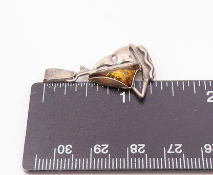 925 Sterling Silver  Vintage Baltic Amber Etched Sailboat Pendant  PT20174