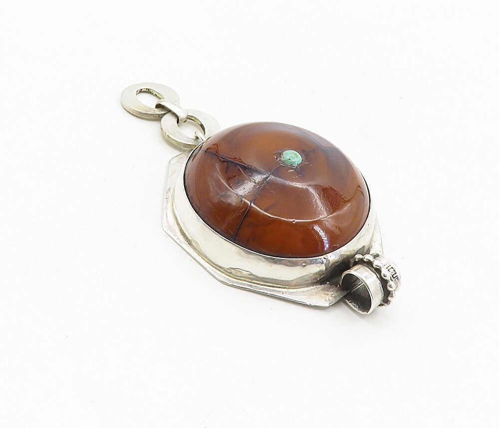 925 Sterling Silver  Vintage Agate & Turquoise Round Dome Pendant  PT6451