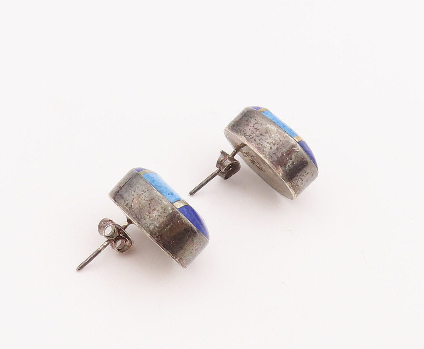 925 Sterling Silver Vintage Earrings MEXICO Oval Inlay Lapis Lazuli   EG13072