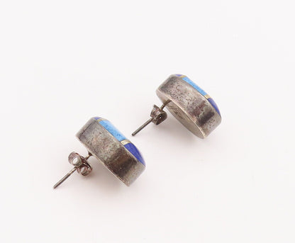 925 Sterling Silver Vintage Earrings MEXICO Oval Inlay Lapis Lazuli   EG13072