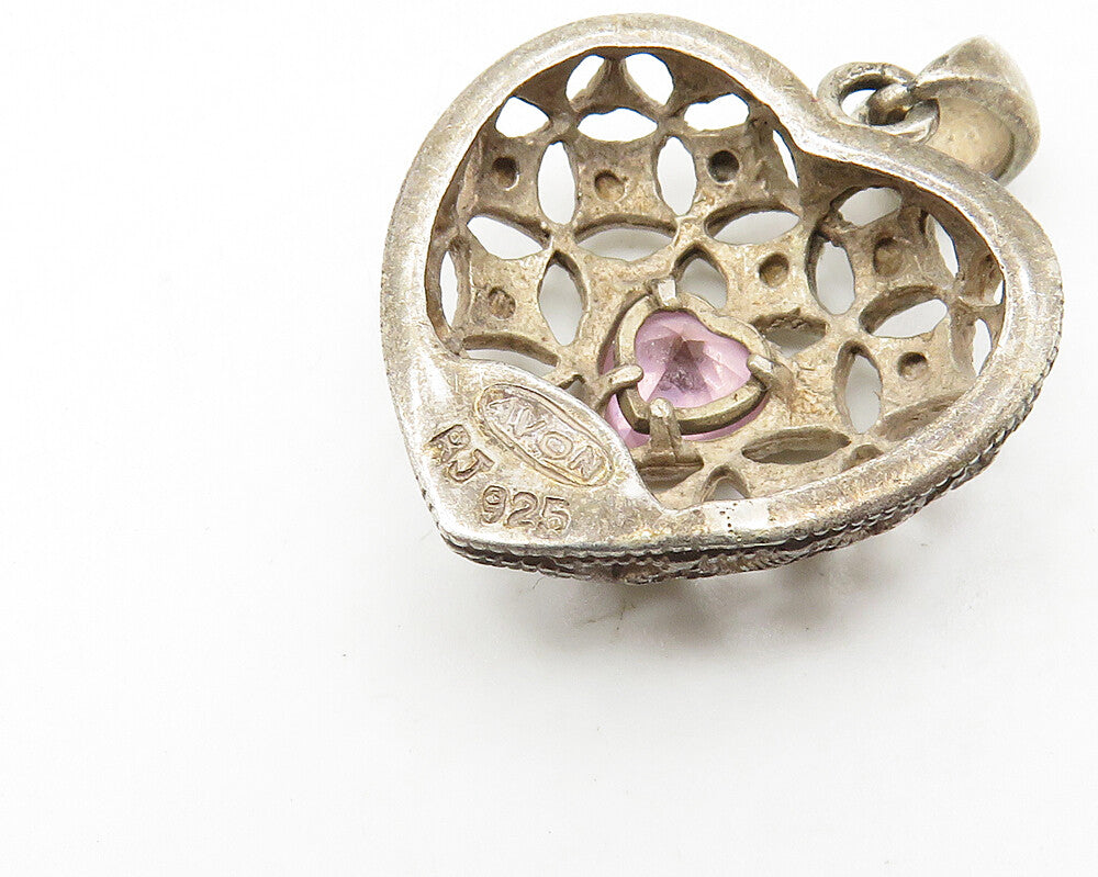 925 Sterling Silver  Vintage Pink Topaz Love Heart Dome Pendant  PT14205